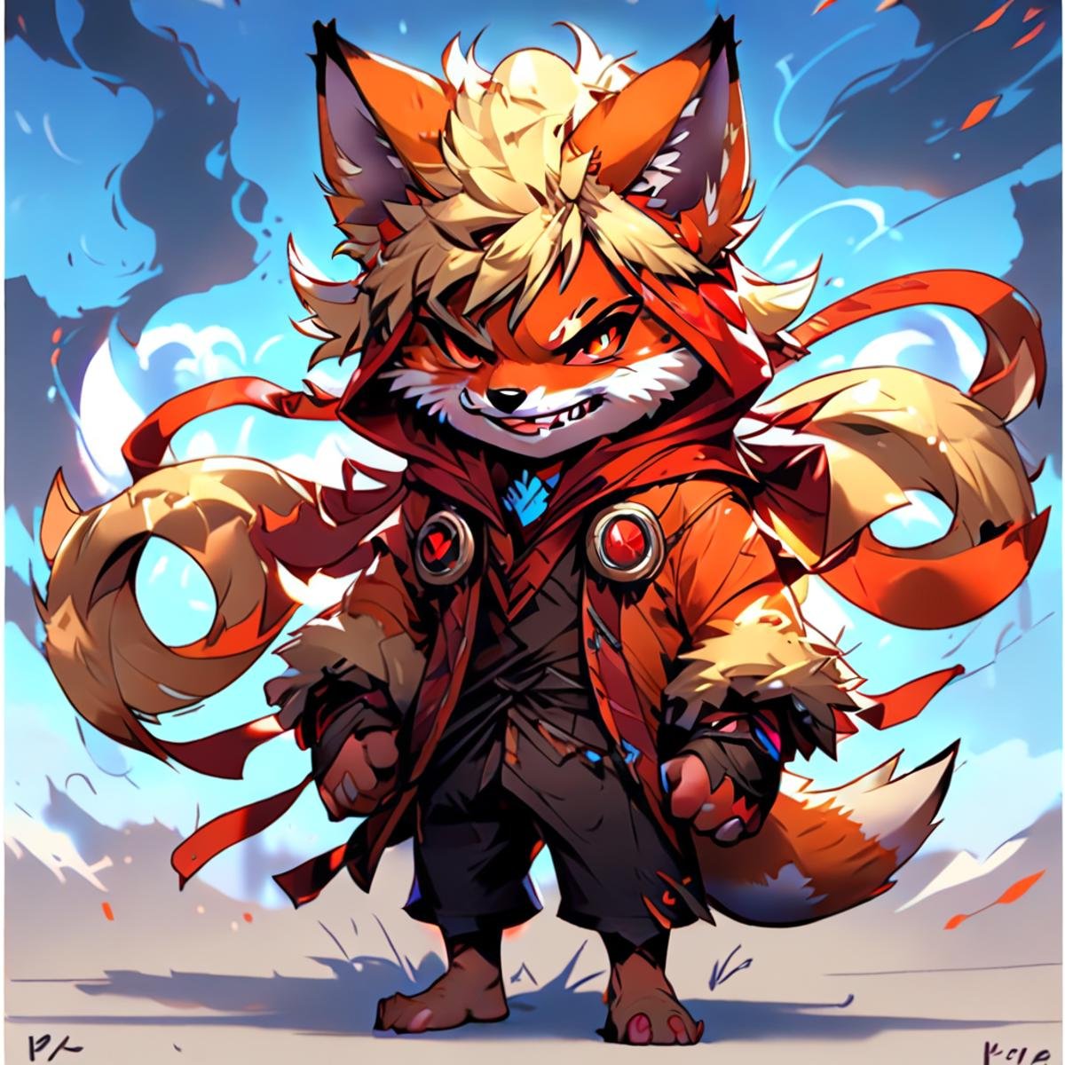 blonde hair, crack, sly expression, fox from league of legends chibi, tiger,  red scarf, cloak with hood,  concept art, gloves, colored sclera, teeth, orange fur, barefoot, blue sky, abs