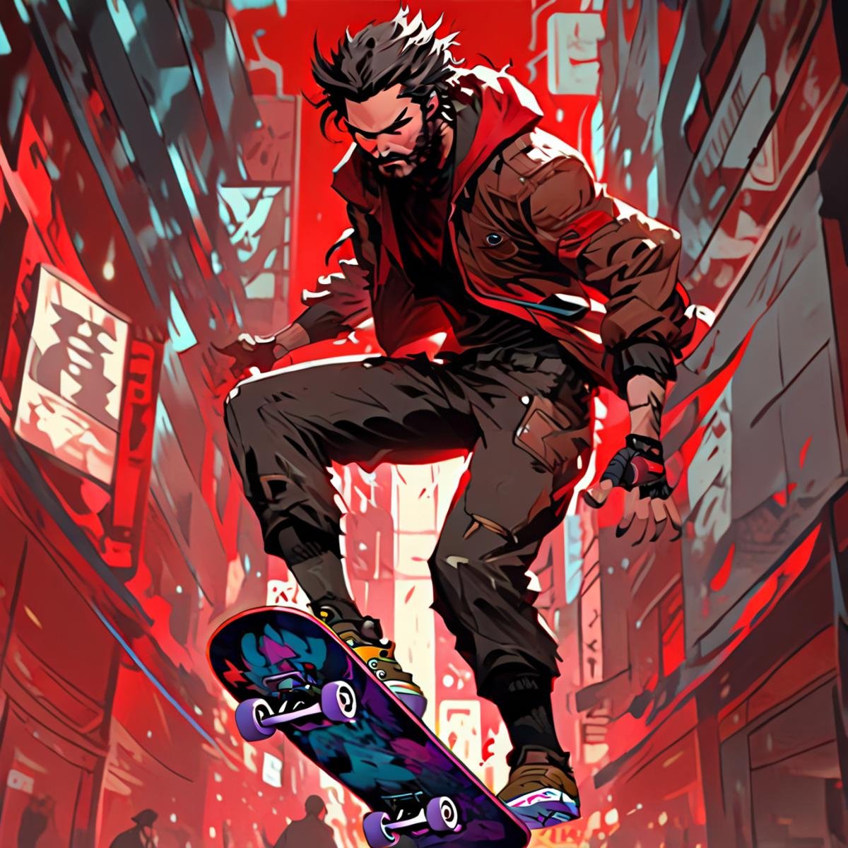 editorial, anime, Keanu Reeves, red background, battle damaged, darkprotostyle a man riding a skateboard in the air, hood up, man walking down a street, red lipstick, a man in a red jacket and black pants, brown jacket, X-Men, darkprotostyle older man with ragged beard, grey hair, Android cyborg skull with cybernetic enhancements, Android robot, large hair, view, black pants, cloud, darkprotostyle wolverine, 1other, skull mask, wolf ears, hoop earrings, standing