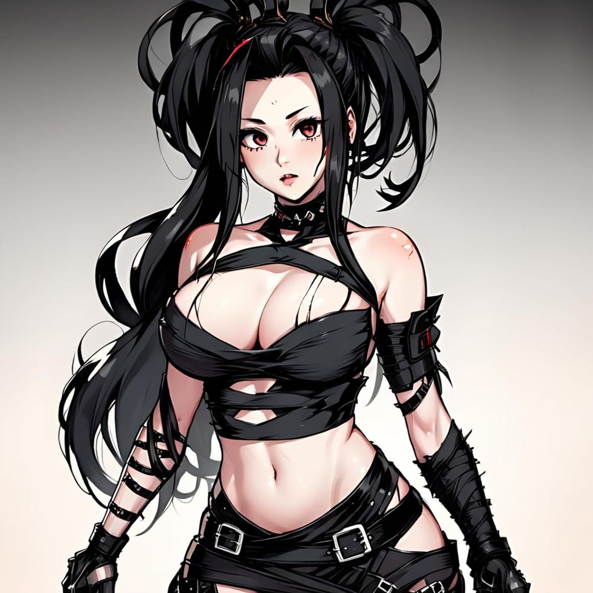 evang, goth girl, sexy face, long hair, black high ponytail braid devil horns, slim, long hair, large natural breasts, cleavage, black armor, thick thighs, half body portrait, posing, boob focus,