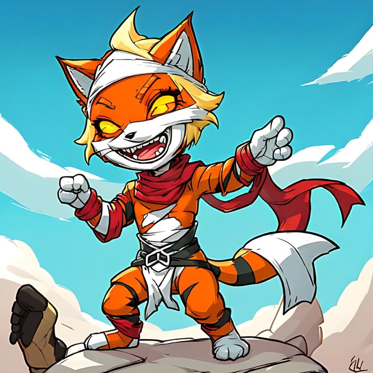 blonde hair, crack, sly expression, fox from league of legends chibi, tiger,  red scarf, cloak with hood,  concept art, gloves, colored sclera, teeth, orange fur, barefoot, blue sky, abs