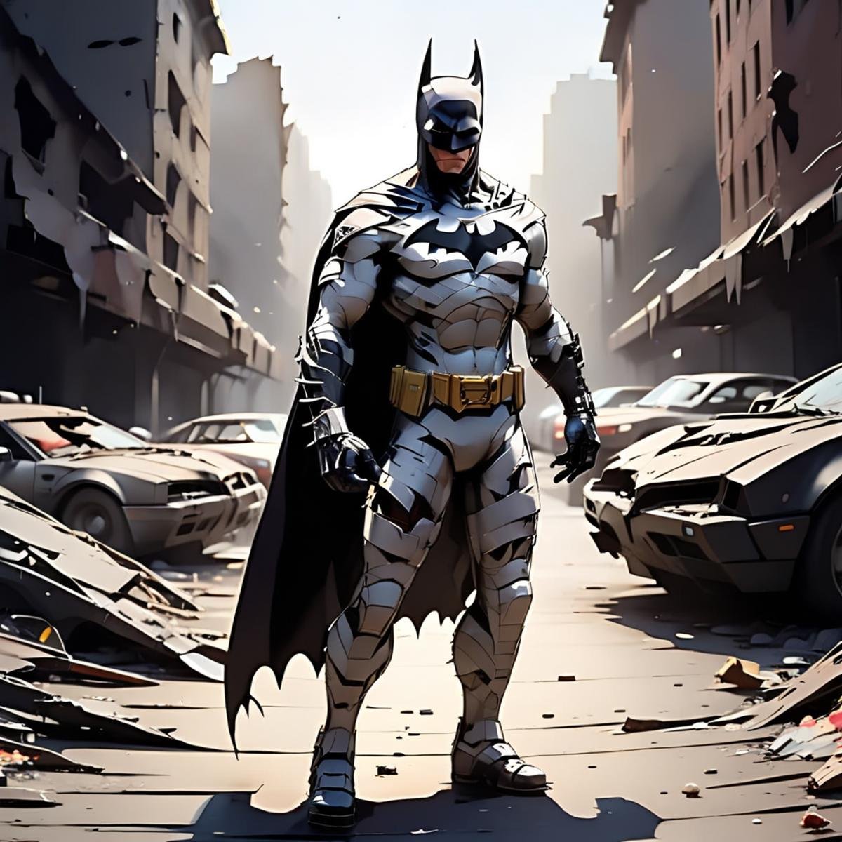 Evang, Batman standing in a destroyed city street with torn clothing, scars, scratches, battle damaged suits, tactical armor, muscular, menacing look, Batmobile to the left in the background