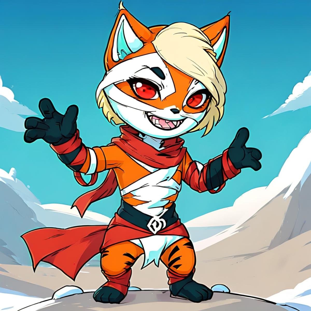 blonde hair, crack, sly expression, fox from league of legends chibi, tiger,  red scarf, cloak with hood,  concept art, gloves, colored sclera, teeth, orange fur, barefoot, blue sky, abs