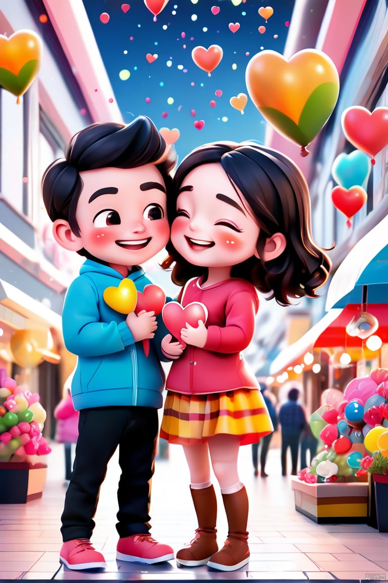 Shopping Center, Valentine's Day, Cartoon, Celebration, Love, Solid Color Background, Love, Fireworks, Panoramic View, Couple, Smile, Toothed Grind, Warm Tone, Shy, Blushing Face, Embrace, Bright, Colorful Bubbles,3D,D