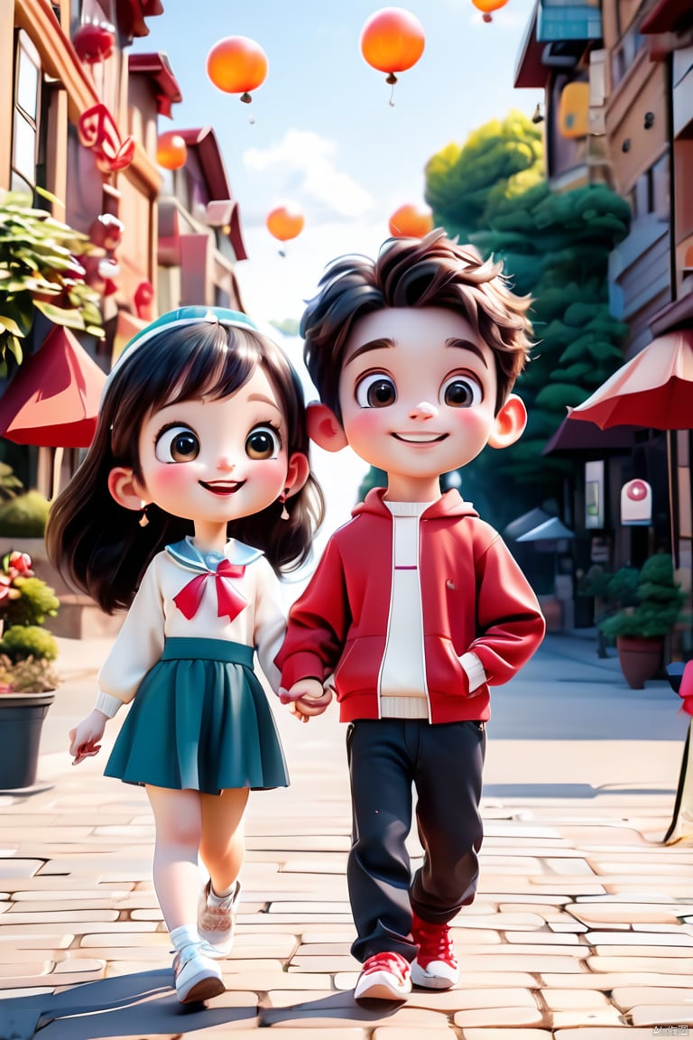 1 boy, 1 girl, couple, holding hands, smiling, happy, outdoor, street, full body, all character centered, with added details, panoramic lens (wide-angle lens),3D,D