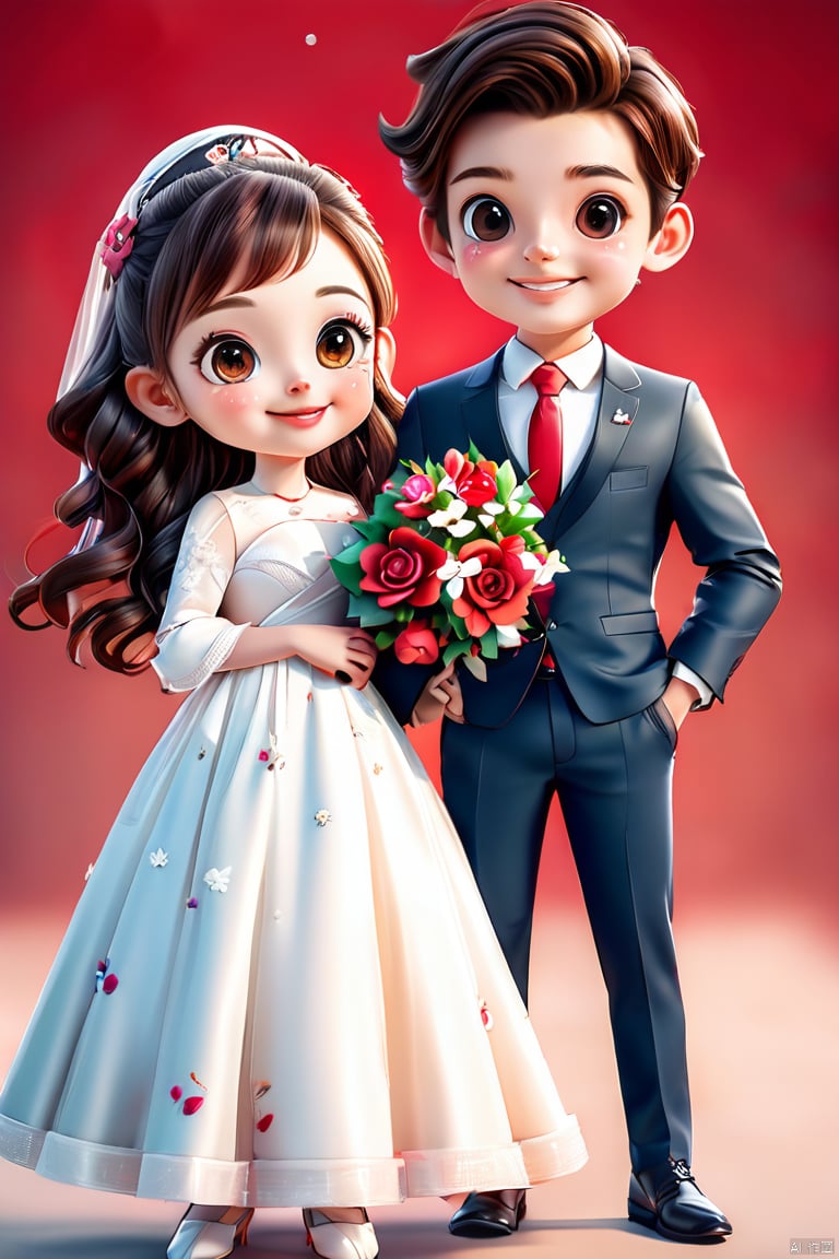 The groom and bride are two people, a boy in a suit and a girl in a wedding dress, with brown coffee hair and a red background. The girl holds flowers, bright eyes, starry eyes, smiles, happiness, and the whole character is centered, with added details. Panoramic shots (wide-angle shots),3D,D