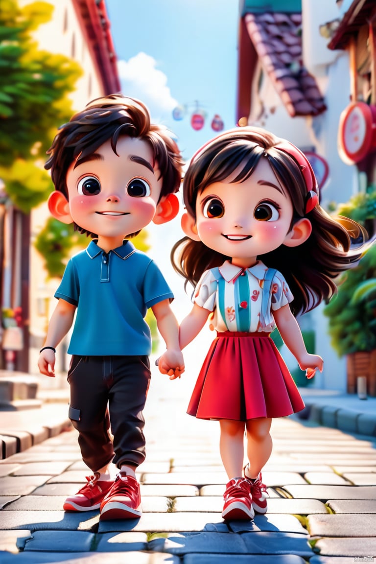 1 boy, 1 girl, couple, holding hands, smiling, happy, outdoor, street, full body, all character centered, with added details, panoramic lens (wide-angle lens),3D,D