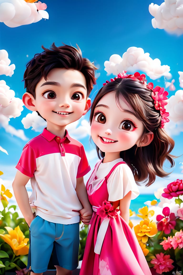 A couple, a beautiful girl and a handsome boy, powder blusher, smile, outdoor, sky, clouds, flowers, plants, the picture gives people a warm and happy feeling, adding details, panoramic shooting (wide-angle shooting),3D,D