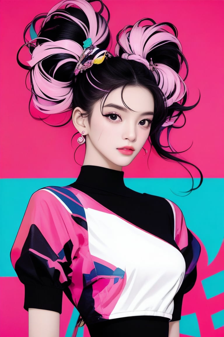 A girl has an elaborate hairstyle with a mix of black and pink tones, which could suggest a creative or rebellious personality. The presence of the colorful background may indicate a sense of vibrancy or action associated with the character. The attire, though not fully visible, appears to be a form-fitting top, hinting at a modern or fashionable aesthetic. The overall composition and style are indicative of a narrative-driven genre such as comics or graphic novels.