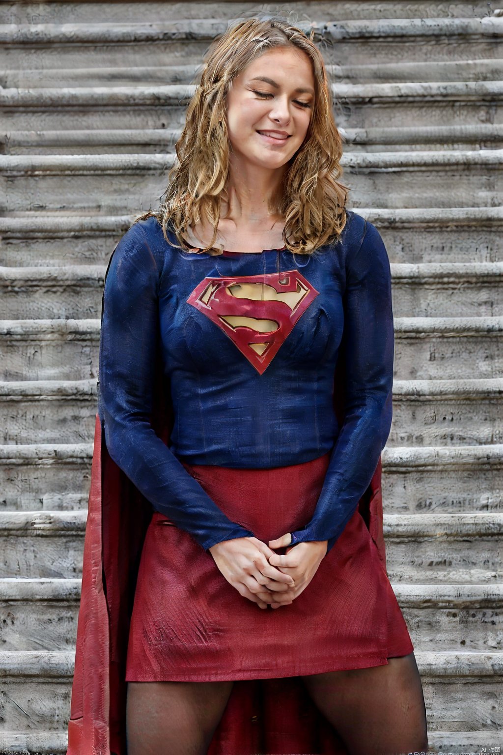 cos, 1girl, solo, skirt, blonde hair, pantyhose, cape, closed eyes, superhero, long hair, realistic, red cape, own hands together, red skirt, cosplay, smile