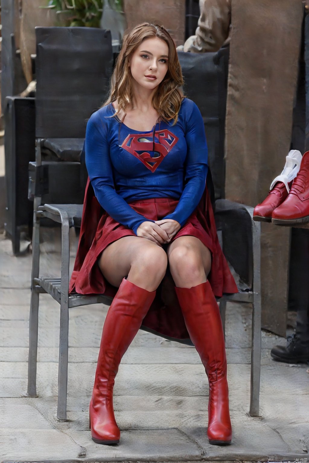 cos, red footwear, boots, sitting, pantyhose, cape, 1girl, realistic, skirt, long hair, solo focus, chair, shirt, brown hair, long sleeves, superhero, blue shirt, dark skin, blonde hair, parted lips, holding, lips, multiple boys, blurry background, cosplay