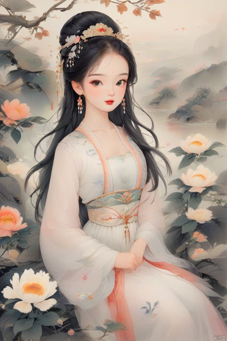 A beautiful antique girl, wearing a white long dress with white peonies, long black hair, holding flowers, delicate features, wearing exquisite gold ornaments on her head, sitting under a tree surrounded by blooming peonies, white style, pure, clean, colorful ink painting, dreamy atmosphere, mysterious background, Chinese painting style, fantasy art style, full-body photo, super detail, HD resolution, High quality, full body shot, HD image rendering, Chinese hand-painted figure painting, traditional Chinese ink painting