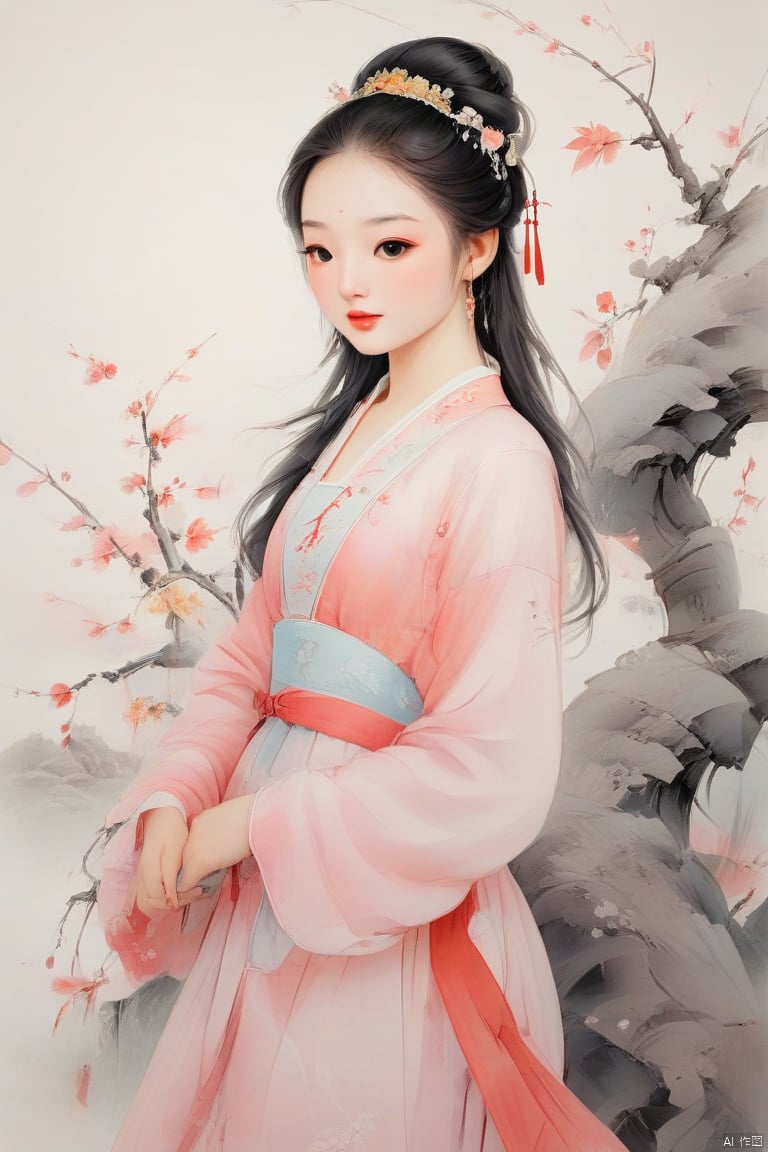 Girl in ancient Chinese costume, wearing pink traditional dress, holding plum branches, delicate face, side view, white background, pastel painting, minimalism, full-body shooting, fantasy art, ink painting, fine lines, color gradient, ultra-high detail on white background, simple and elegant atmosphere, high resolution , Chinese hand-painted figure painting, traditional Chinese ink painting