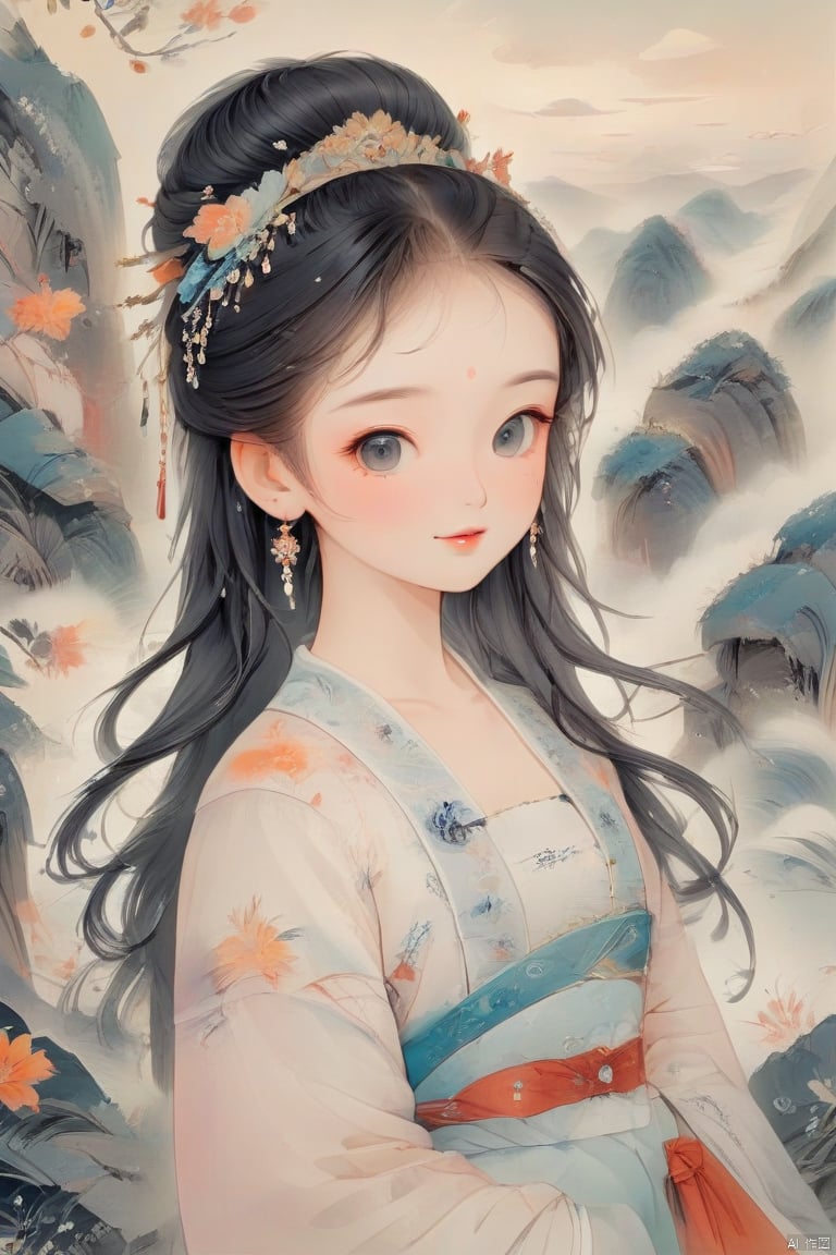 ((best quality)),((masterpiece)),((ultra-detailed)),(illustration),1girl,solo,beautiful detailed random eyes,beautiful detailed face,beautiful detailed random hair,depth of field,a lot of clouds in blue sky,white random hanfu,((upper body)),portrait,looking at viewer,backlighting,Chinese hand-painted figure painting, traditional Chinese ink painting