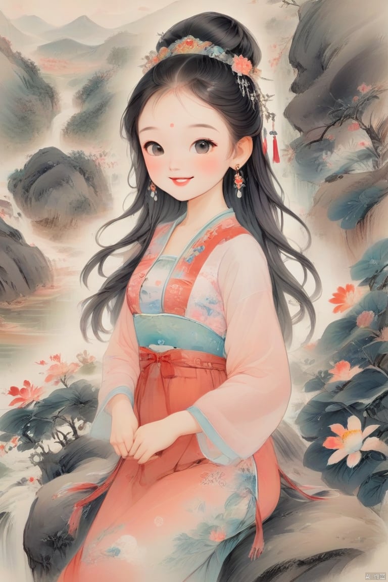 1Girl, loli, looking at the audience, full body, long hair, earrings, jewelry, solo, shut up, Chinese dress, landscape background, eyelashes, smile, lipstick, blush, flower earrings, portrait, Chinese hand-painted figure painting, traditional Chinese ink painting