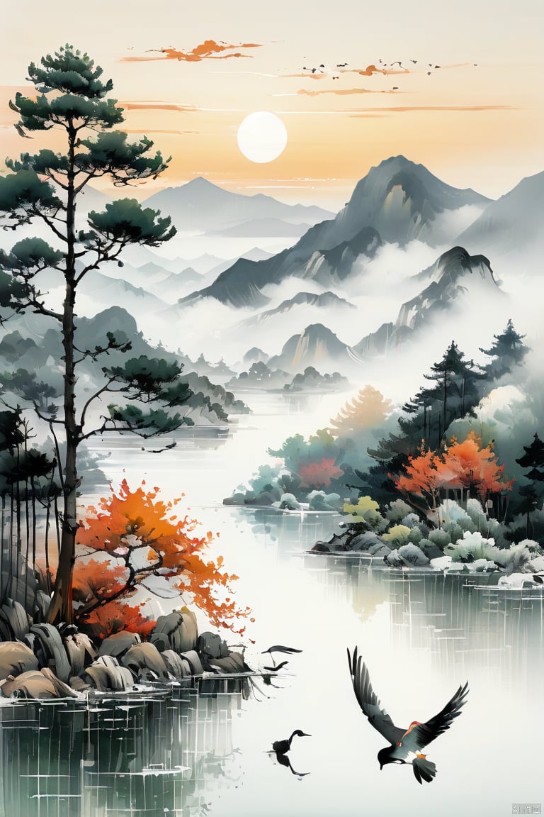 (ultra detailed, High quality ,best quality, High precision, Fine luster, UHD, 16k), (official art, masterpiece, illustration), A landscape painting with a lake, pine trees and a sunset, thick fog, with clear new pop illustrations, (large area of white space, one-third composition: 1.3), minimalist world, beige gray, Chinese Jiangnan scenery, digital printing, lake and mountain scenery, sunset and solitary crane flying together,Exquisite style painting, Chinese ink landscape painting