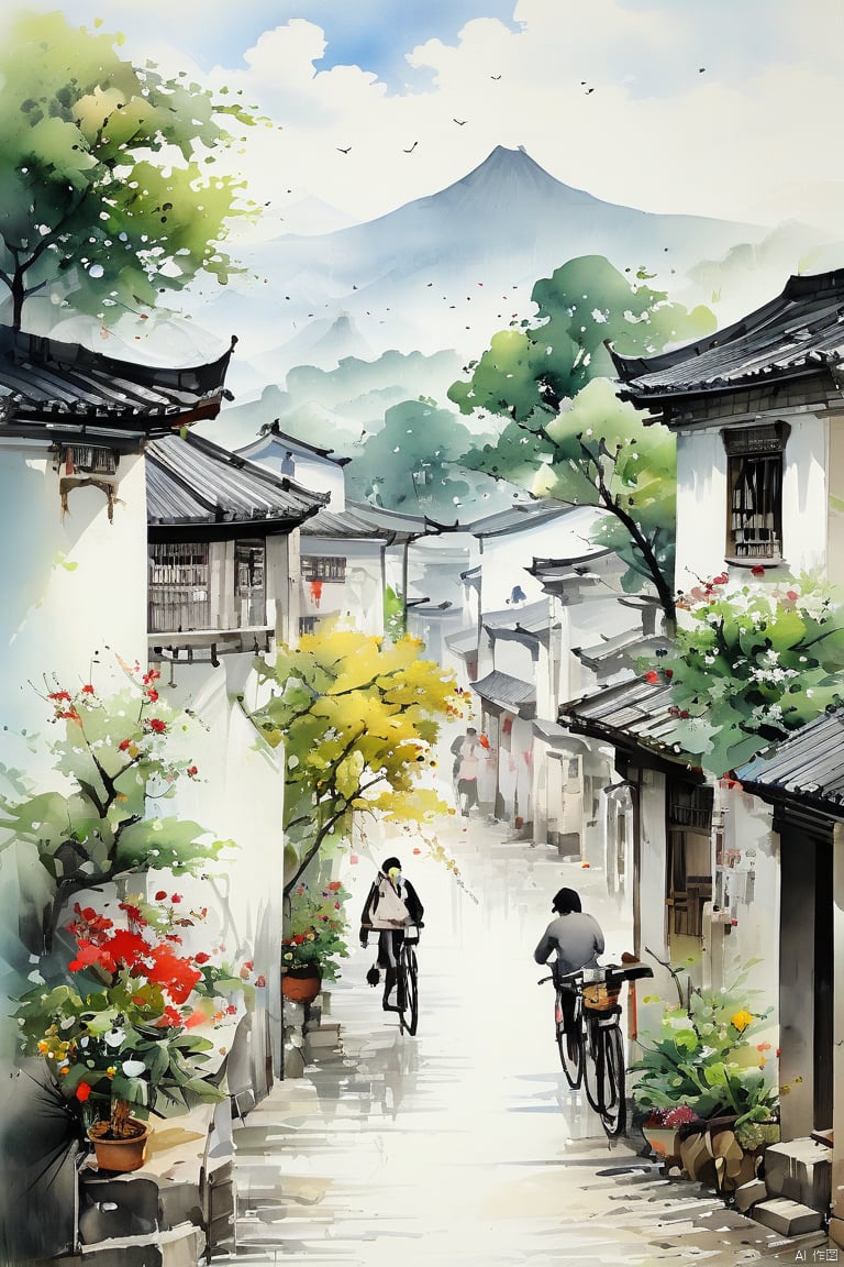 New meticulous brushwork, nostalgic printing,Rolchun, rock-color panel painting, fashionable watercolor, oil painting, quiet town, with a long alley, creepers on the wall and wildflowers on the roadside, pedestrians riding bicycles, idyllic scenery. Exquisite painting style,Exquisite style painting, Chinese ink landscape painting