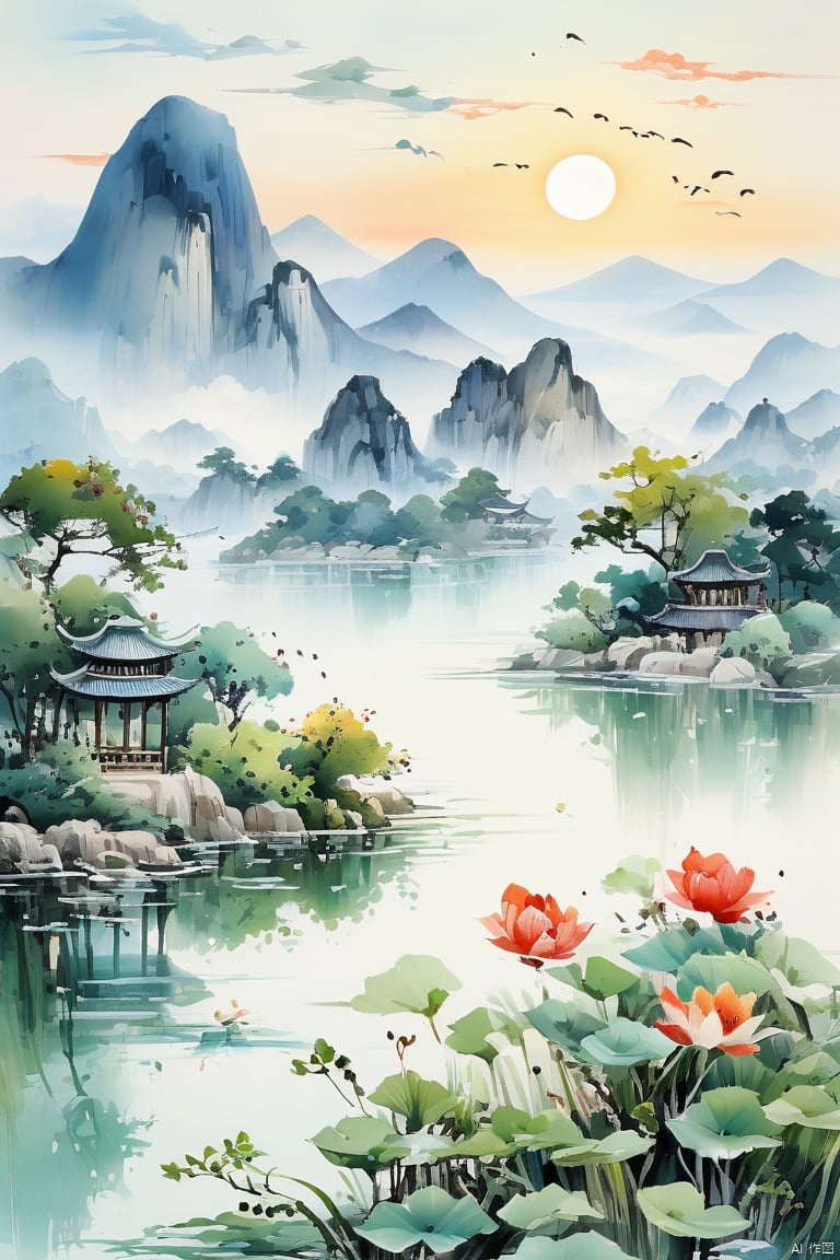 It depicts a landscape painting in the style of the Song Dynasty, combining meticulous brushwork with freehand brushwork. There is a light green lake with lotus flowers blooming inside, and a pavilion by the lake. The distant mountains and light blue sky (without clouds), with the setting sun hanging in the sky, create a charming scene. Exquisite style painting, Chinese ink landscape painting