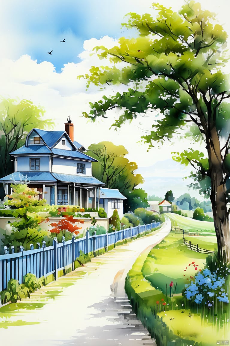 charming country house, blue siding, situated, side, road, surrounded, lush green grass, trees, background, creating, idyllic countryside setting, small fence, seen near, rustic charm, main house, two smaller houses visible, further down, road, one closer, left edge, scene, another towards, right, homes contribute, overall picturesque landscape, rural area,Exquisite style painting, Chinese ink landscape painting