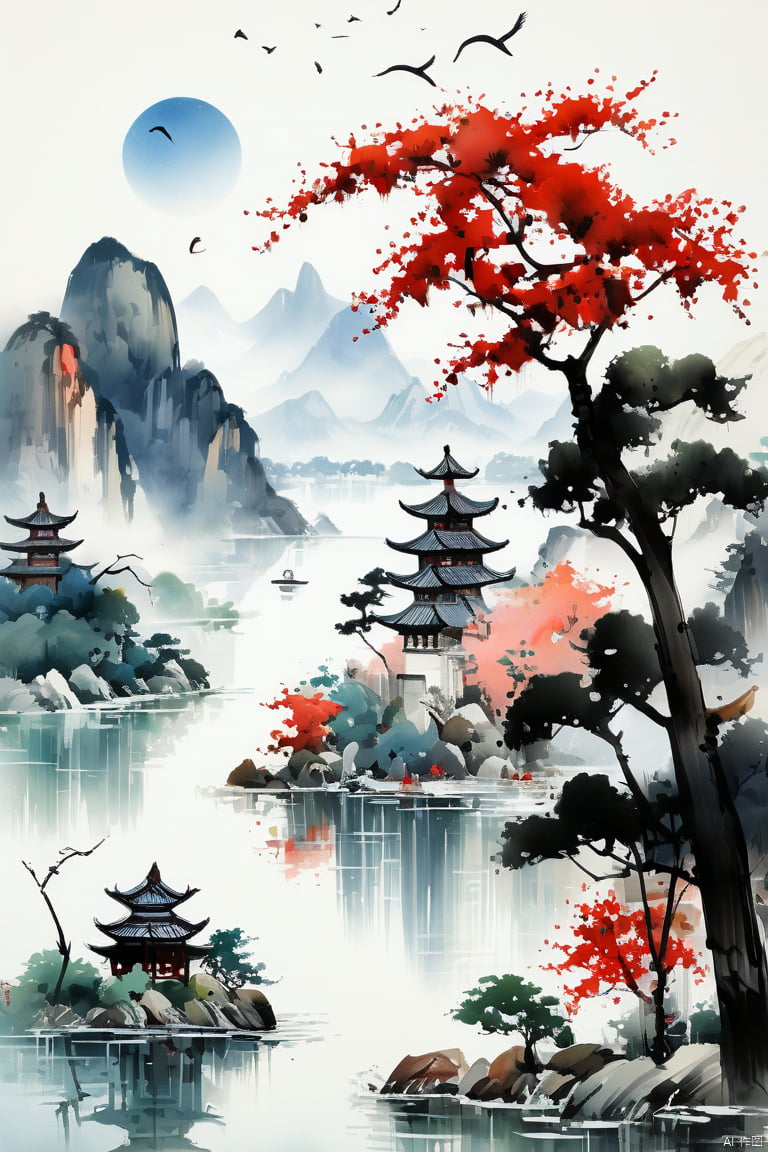 Chinese archway, full moon, (light and elegant colors in the picture), Chinese classical architecture, red crowned crane, overlooking mountains from afar, high-rise building, (white background: 1.1), ink painting, foreground of osmanthus tree, distant lake, riverbank with some rockeries and stones, red maple trees, and small boats on the river surface,Exquisite style painting, Chinese ink landscape painting