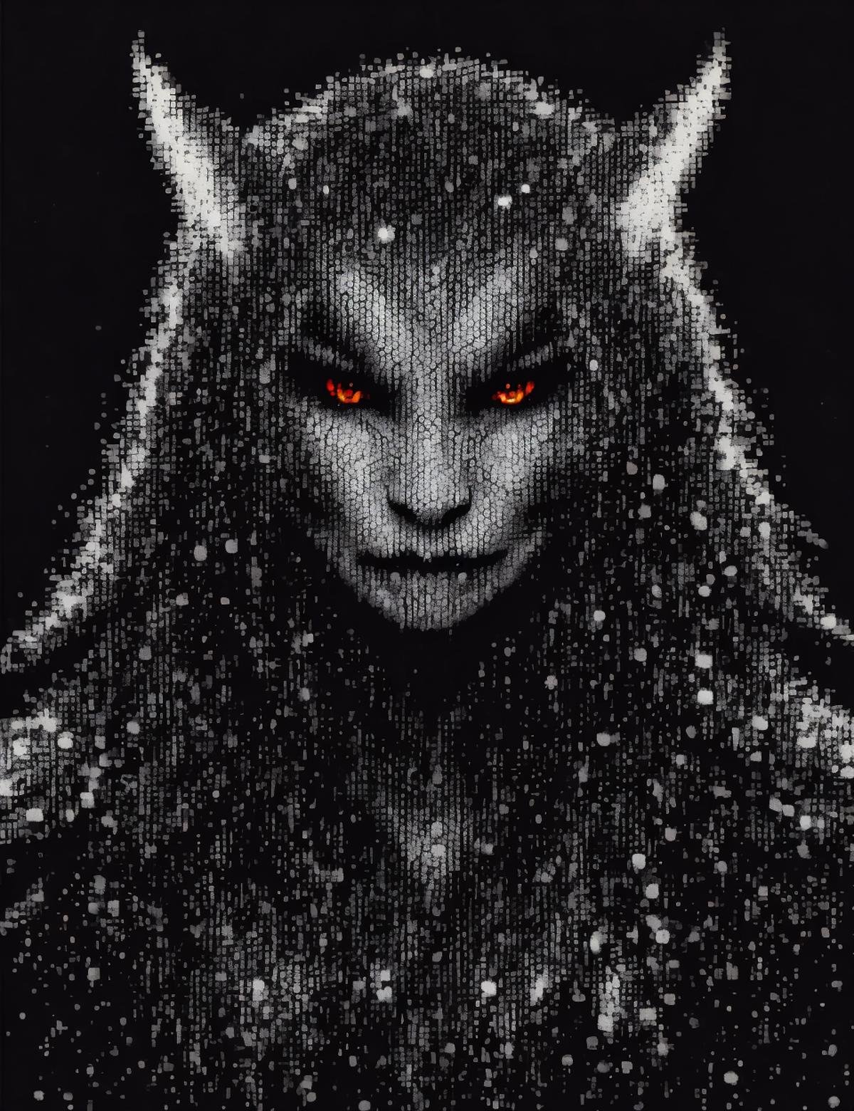 DonMD4t4D3ns1ty female   aswang, medium-sized humanoid, predatory appearance, shapeshifter, sharp, feral features, claws and fangs, glowing eyes, keen sense of smell, heightened senses, dark ominous presence, sinister malevolent expression , dot art  <lora:DonMD4t4D3ns1ty-000008:1>