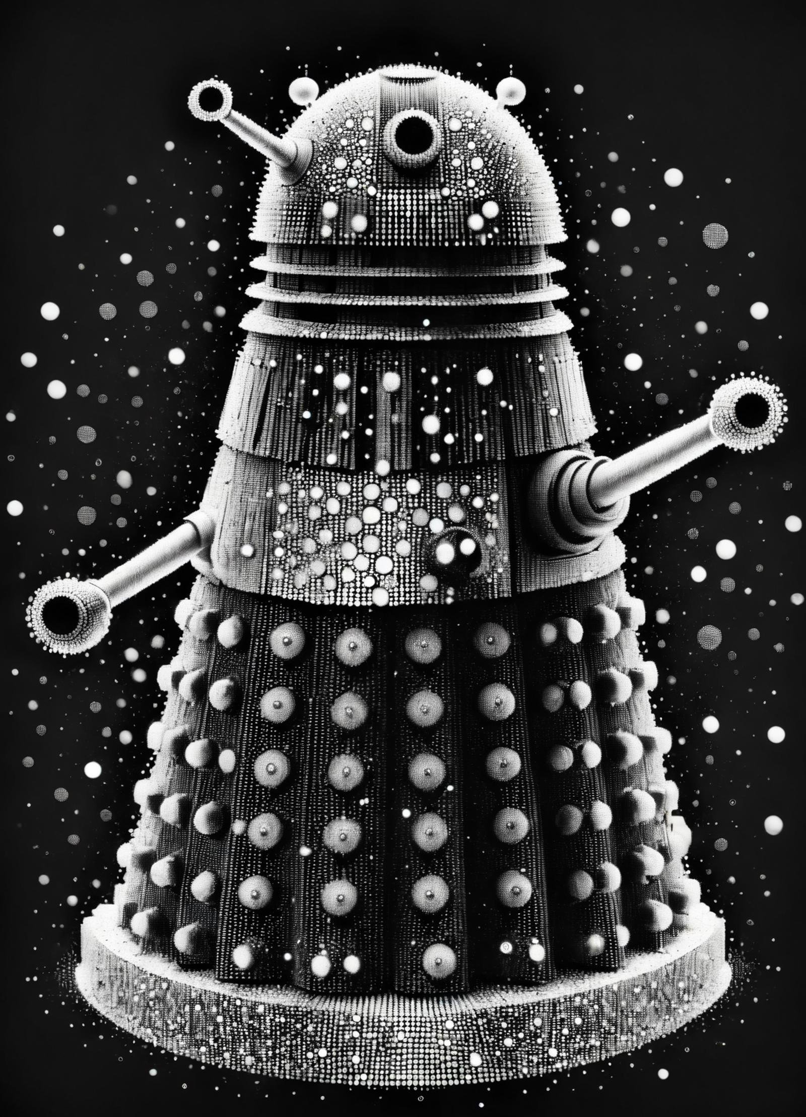 DonMD4t4D3ns1tyXL male damaged dalek, mercenary mage,, chausse, dot art, data density, monochrome <lora:DonMD4t4D3ns1tyXL-000008:1>