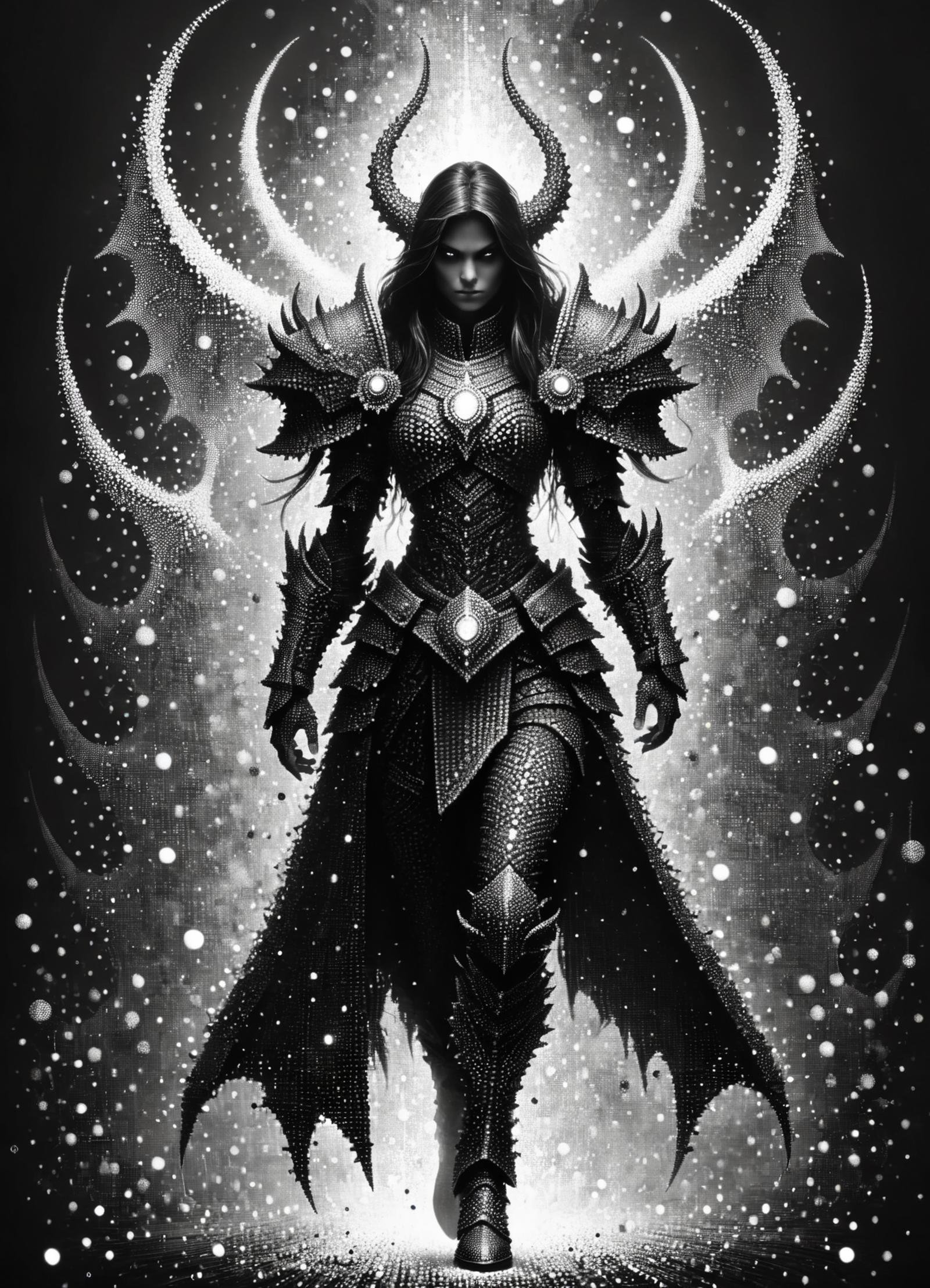 DonMD4t4D3ns1tyXL female daemons of chaos daemonette, paladin, greaves, dot art, data density, monochrome <lora:DonMD4t4D3ns1tyXL-000008:1>