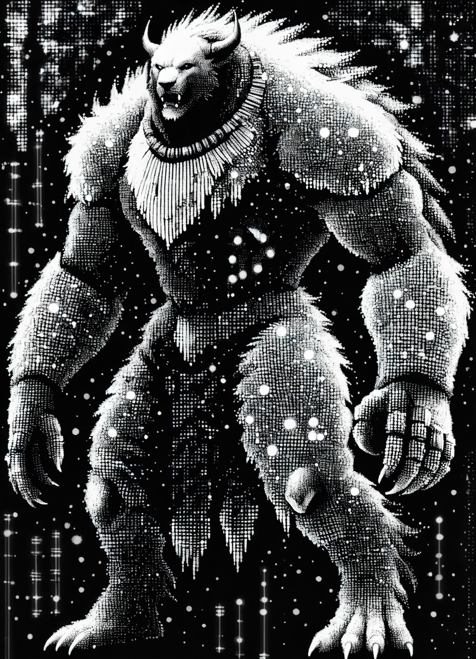 DonMD4t4D3ns1tyXL male beast, technomancer,marauder, dot art, data density, monochrome <lora:DonMD4t4D3ns1tyXL-000008:1>