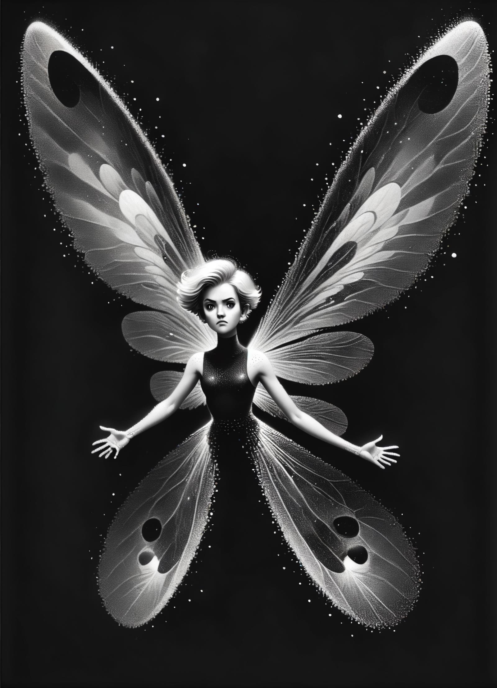 DonMD4t4D3ns1tyXL,score_9, score_8_up, score_7_up, score_6_up, pixie, tiny, mischievous humanoid creature, 1 to 2 feet tall, meadows, playful, curious, delicate wings, flitting throught the air, fanatasy, charming,ghostly,unusual,intricate,atmospheric layers,knowledge-sharing,retro,periodic ,dot art, data density, monochrome , rating_safe <lora:DonMD4t4D3ns1tyXL-pony:0.8>