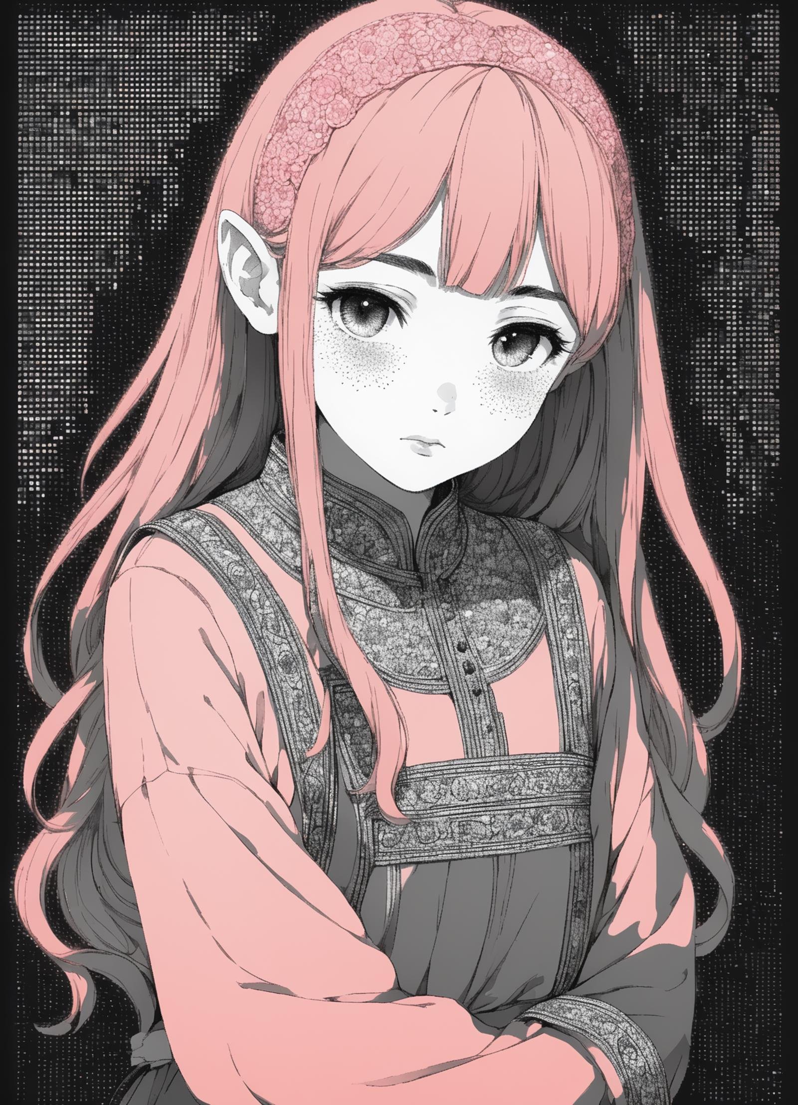 DonMD4t4D3ns1tyXL,score_9, score_8_up, score_7_up, score_6_up, female teenager, solid, central asian, steel gray eyes, round ears,    soft cheeks,   graceful eyebrows,  scars, peach voluminous curls hair, amusement wearing coral pink    damask cropped wide-leg jumpsuit,  high-low hem top,   , arms wrapped around knees, showing vulnerability,dot art, data density, monochrome , rating_safe <lora:DonMD4t4D3ns1tyXL-pony:0.8>