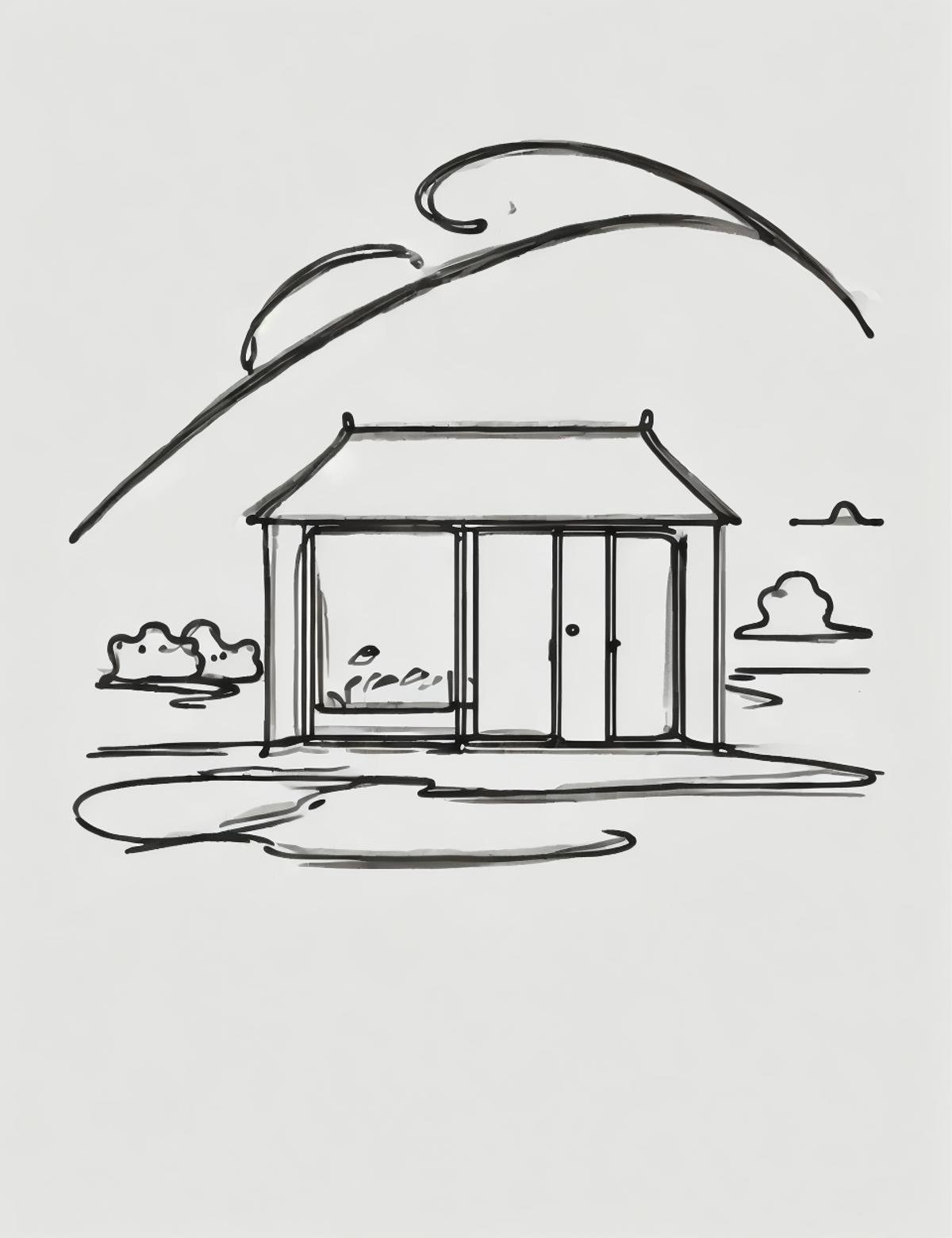 DonM0n3L1n3 one line drawing, bowyer's shop    in wetland biome <lora:DonM0n3L1n3:0.8>