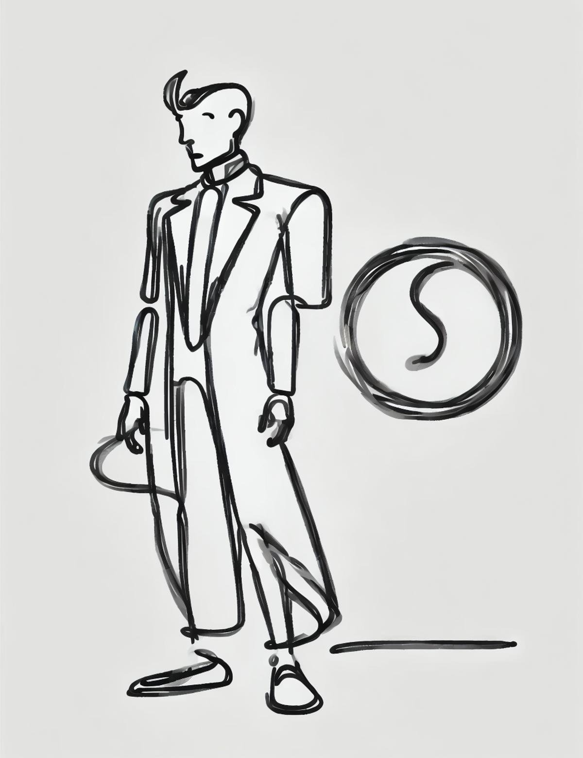 DonM0n3L1n3 one line drawing, male time traveler- clad in unique, futuristic suits or garments that reflect their time-traveling technology, beastmaster <lora:DonM0n3L1n3:0.8>