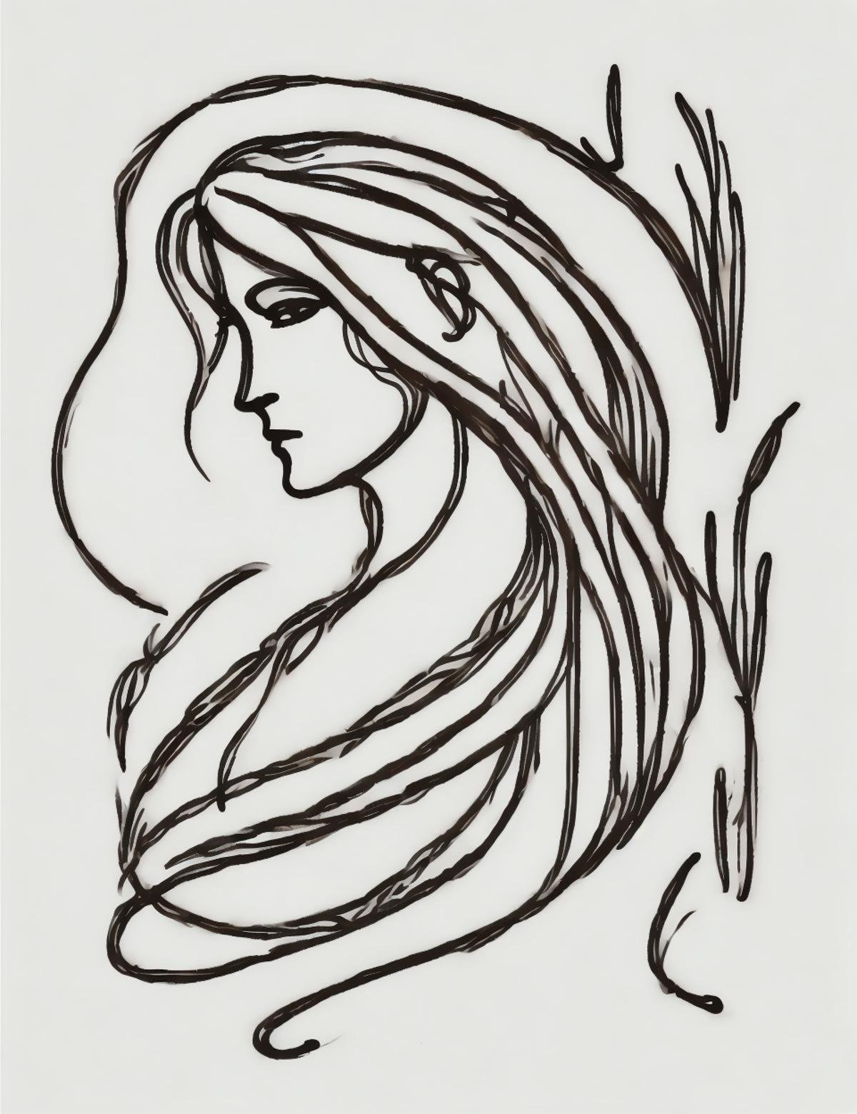 DonM0n3L1n3 one line drawing, ramanga, female humanoid creature, hidden tail, beautiful, alluring, long flowing hair covering part of the face, traditional attire, rustic clothing, back covered in bark, forest natural surroundings, seductive, mysterious forest spirit, benevolent, beyond  <lora:DonM0n3L1n3:0.8>