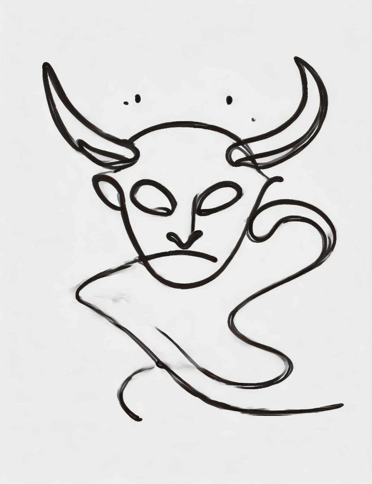 DonM0n3L1n3 one line drawing, imp, supernatural deity,anthropomorphic and zoomorphic features, ancient semitic canaanite, storms, bull's head, horns  <lora:DonM0n3L1n3:0.8>