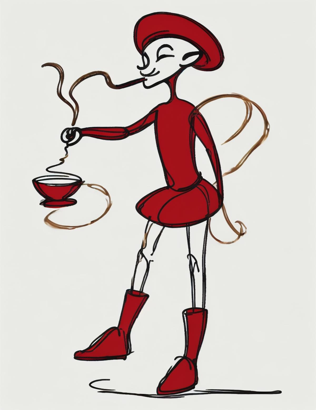 DonM0n3L1n3 one line drawing, naga, small humanoid creature, beard, hat, red clothing, 0.3:gold trim, buckled shoes and stockings, playful expression, pot of gold, smoking a pipe, short stature, 2 feet tall, tricky, mischievous  <lora:DonM0n3L1n3:0.8>