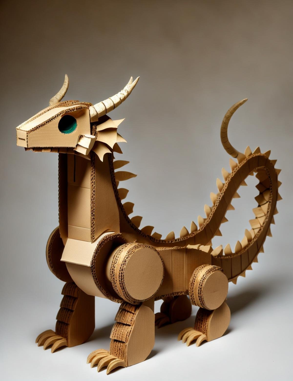 DonMC4rdB04rd cardboard, a organic-mechanical volatile spirit coiled  Chinese Dragon,  tail barb, horned head, mismatched webbed legs,       <lora:DonMC4rdB04rd:0.8>