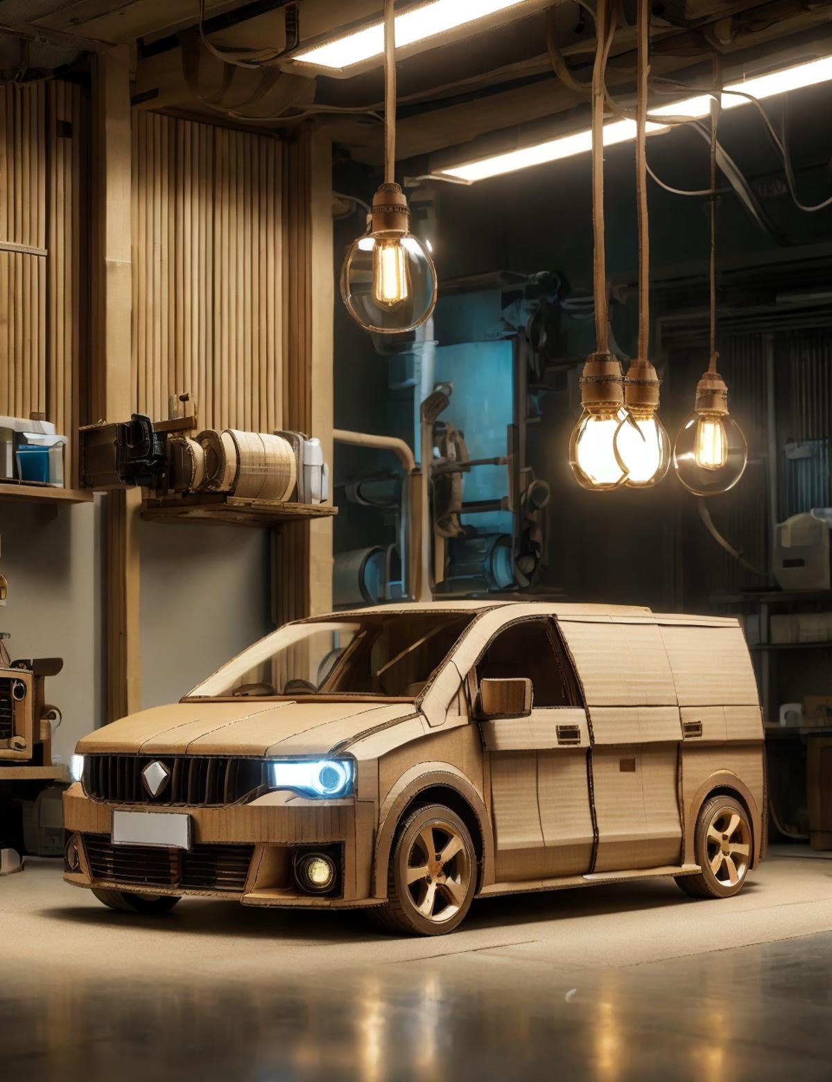 DonMC4rdB04rd cardboard, hovering vehicle repair garage, pot of gold, bamboo flooring, halogen bulbs,track lighting, accent lighting, cyberpunk, sci-fi  <lora:DonMC4rdB04rd:0.8>