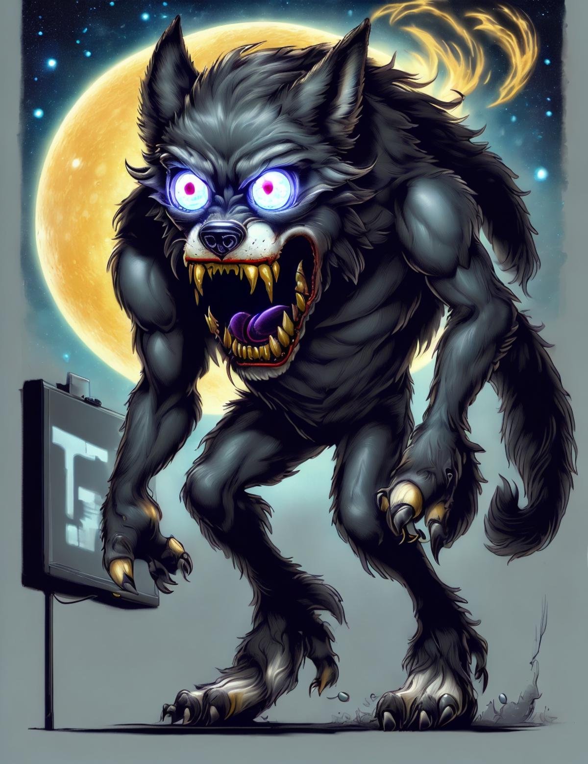 DonM0v3rC4ff31n4t3d male  space wolf, wolfish humanoid, human, bipedal, glowing eyes, enlarged fangs,  powerful, lunar influences, scifi, tech, vibrant,dramatic,dreadful , excited, caricature  <lora:DonM0v3rC4ff31n4t3d:0.9>