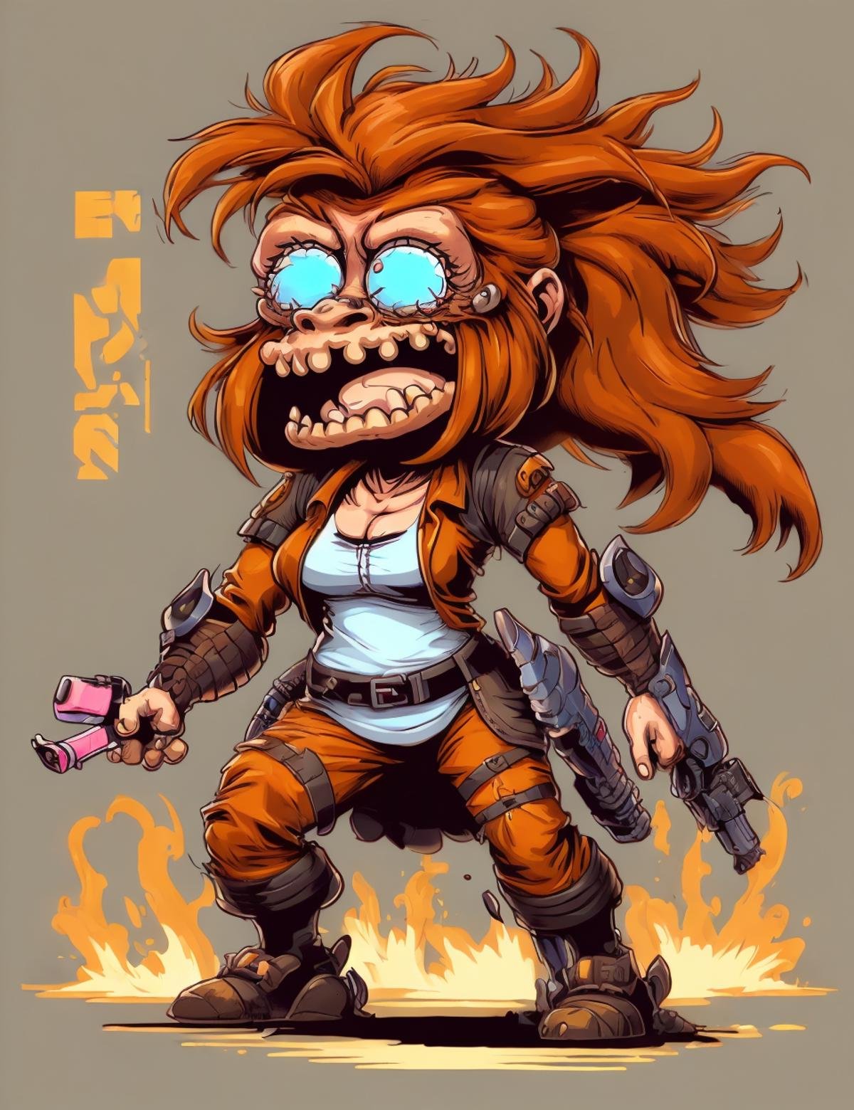 DonM0v3rC4ff31n4t3d female barroth, cyber mercenary,, excited, caricature  <lora:DonM0v3rC4ff31n4t3d:0.8>