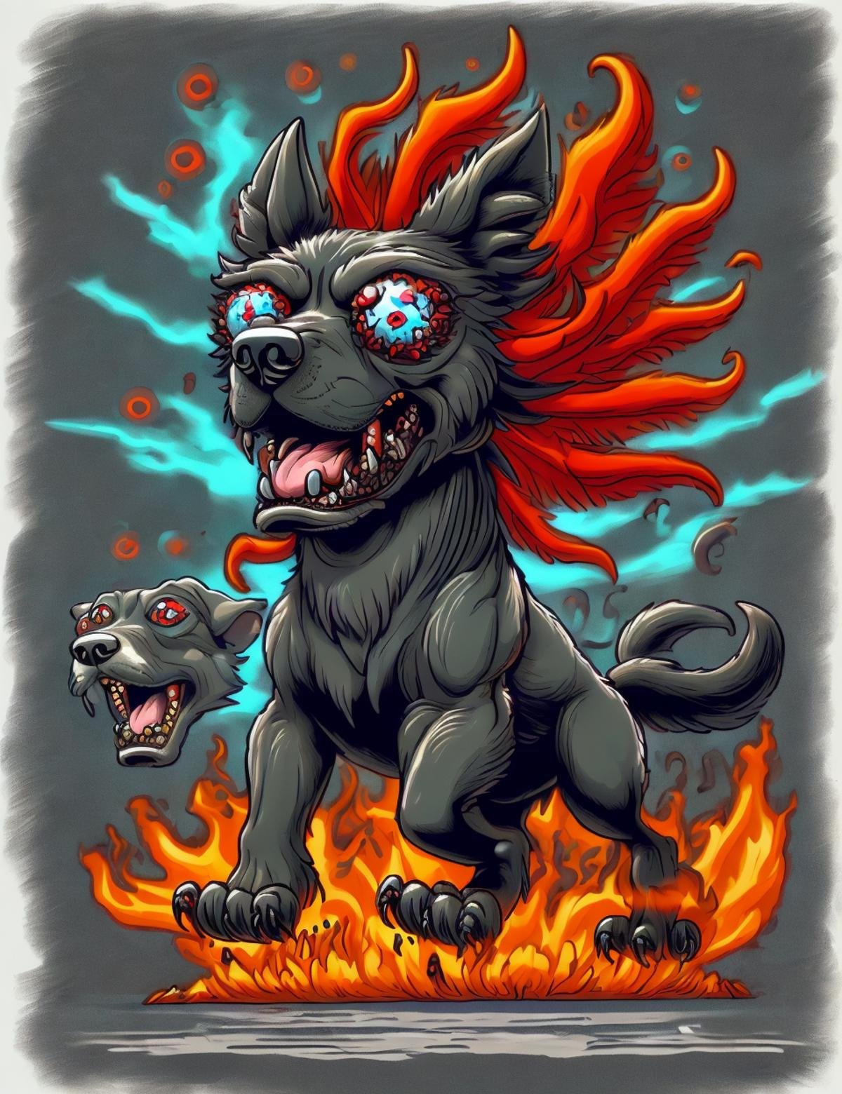 DonM0v3rC4ff31n4t3d cerberos, Fearsome multi-headed dog, guardian of the underworld,  fierce and terrifying presence, watchful and loyal to the ruler of the dead,  symbol of protection against external threats , excited, caricature  <lora:DonM0v3rC4ff31n4t3d:0.9>