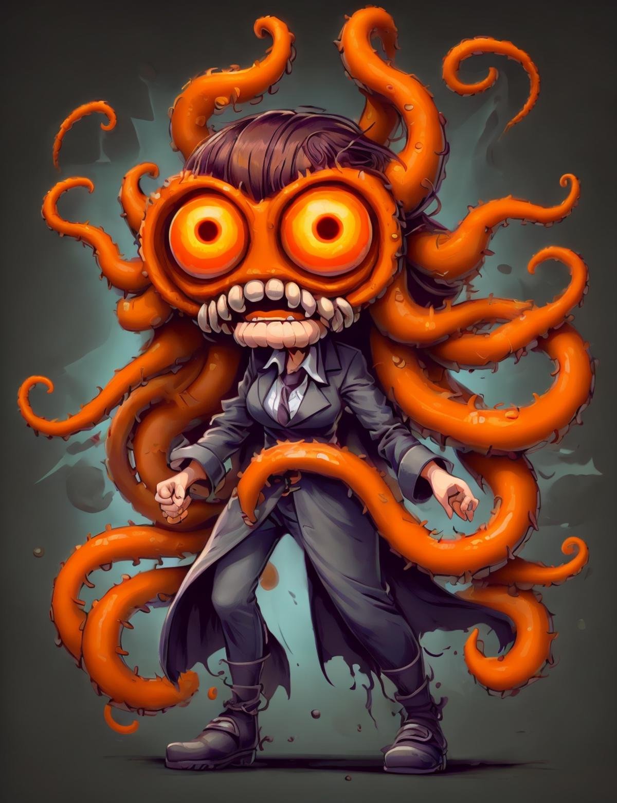 DonM0v3rC4ff31n4t3d female warlock, air magic  Evoking ensorcell shaped like Tentacles of orange abyssal radiation and transmutation, excited, caricature  <lora:DonM0v3rC4ff31n4t3d:0.9>