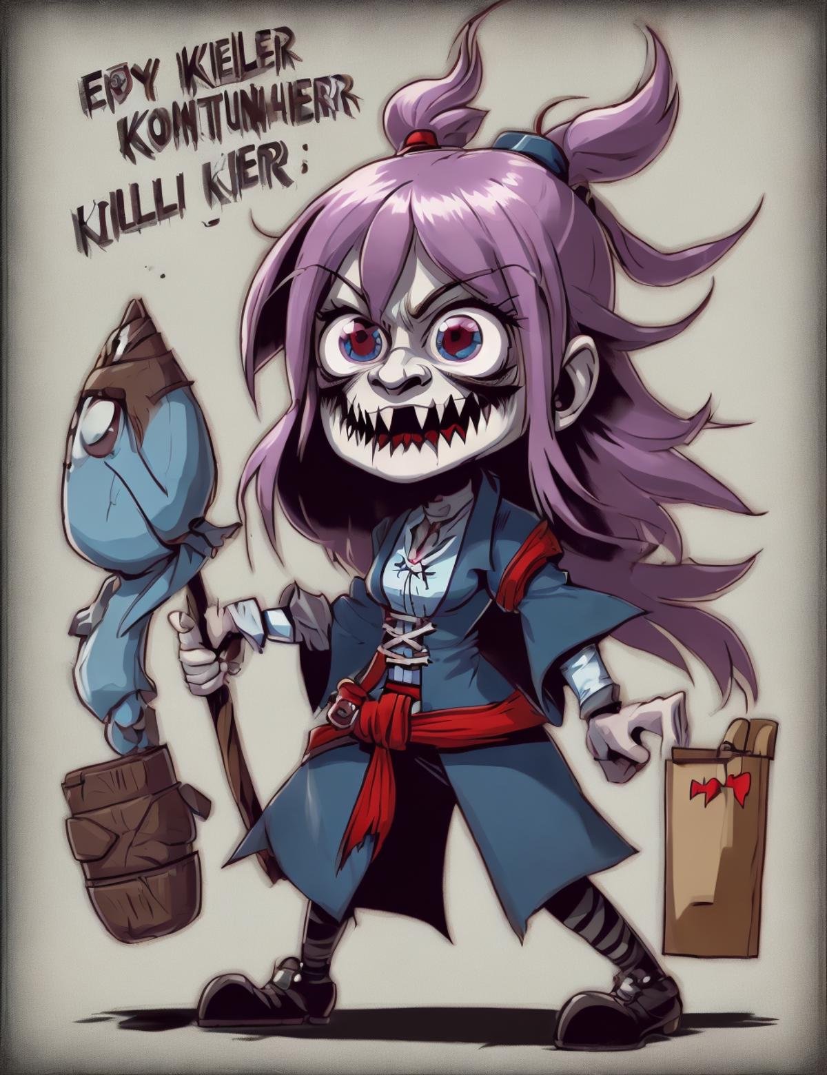 DonM0v3rC4ff31n4t3d female killer doll, magus,, excited, caricature  <lora:DonM0v3rC4ff31n4t3d:0.8>