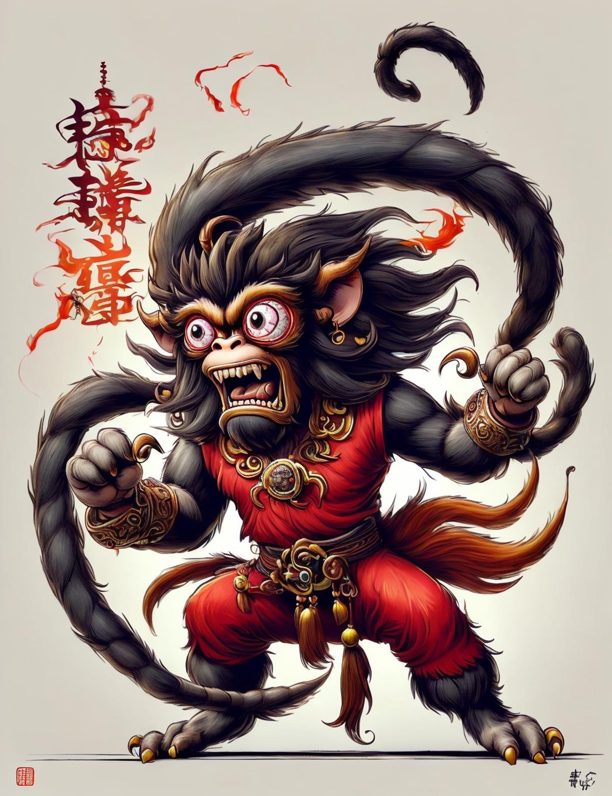 DonM0v3rC4ff31n4t3d alraune, Mythical Monkey King from Chinese folklore,  immense strength and magical powers, master of transformation and combat,  mischievous and rebellious spirit, perseverance, cunning, celebratory , excited, caricature  <lora:DonM0v3rC4ff31n4t3d:0.9>