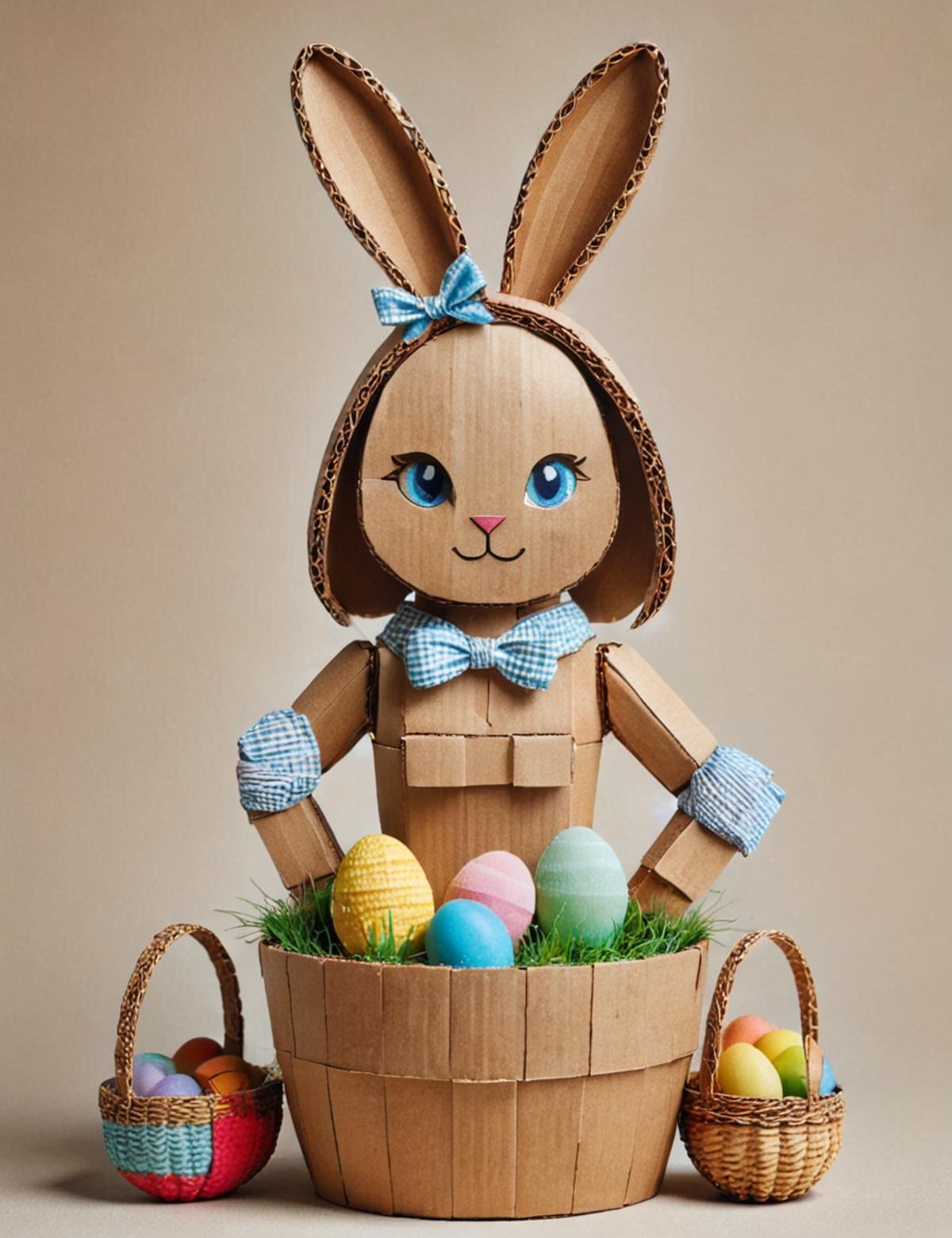 DonMC4rdB04rdXL cardboard, female  easter bunny, anthropomorphic rabbit, colorful eggs, festive clothing and accessories, basket filled with easter eggs, fertility, rebirth, spring, cheerful  <lora:DonMC4rdB04rdXL:1.0>