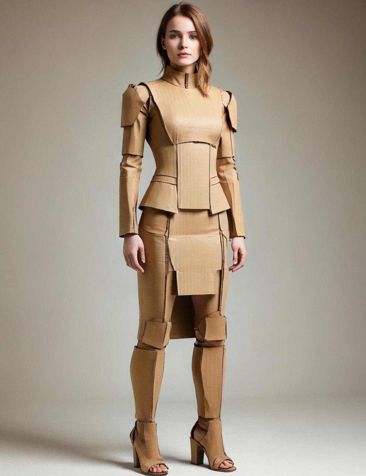 DonMC4rdB04rdXL cardboard, snug full body clothing,  robotic metal,   rolled sleeves, maxi length, natural waist, pencil skirt, color blocking,adjustable waist,,train,,detachable train, corset closure  <lora:DonMC4rdB04rdXL:1.0>