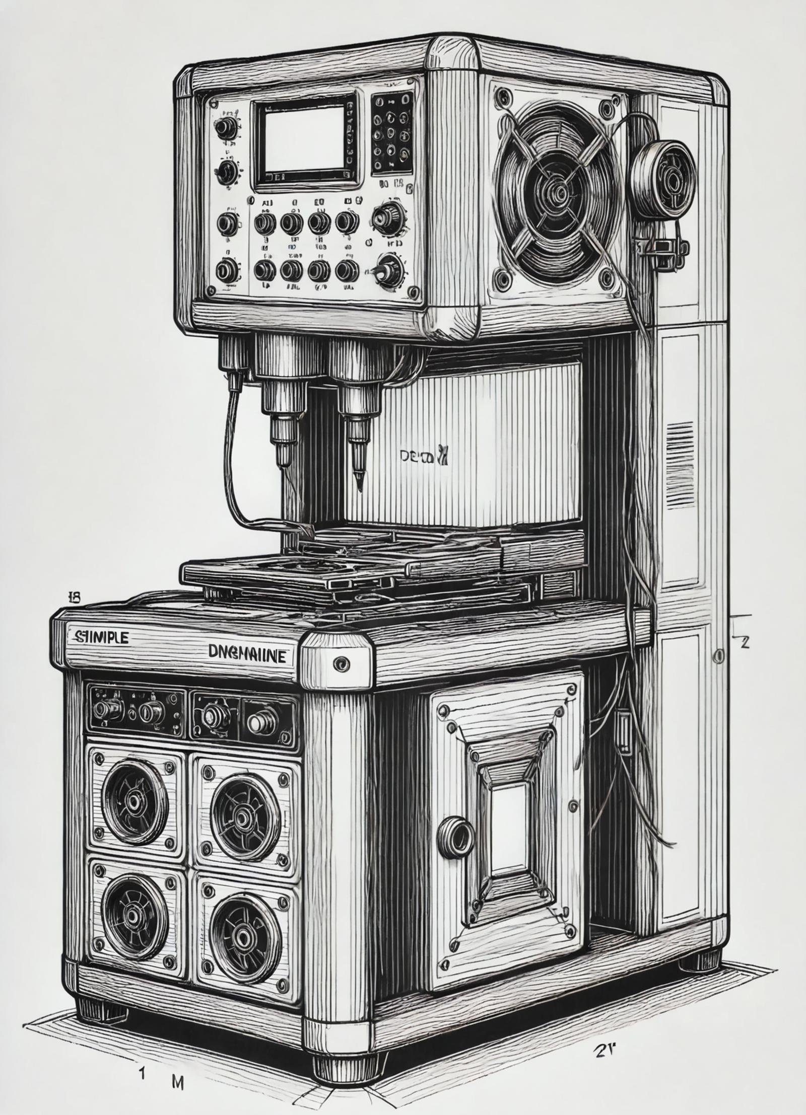 DonMS1mpl3Dr4w1ngXL simple drawing, wire edm machine, detachable units,emergency lights,wiring,holes,etched patterns,  maze,  studded  <lora:DonMS1mpl3Dr4w1ngXL:1>