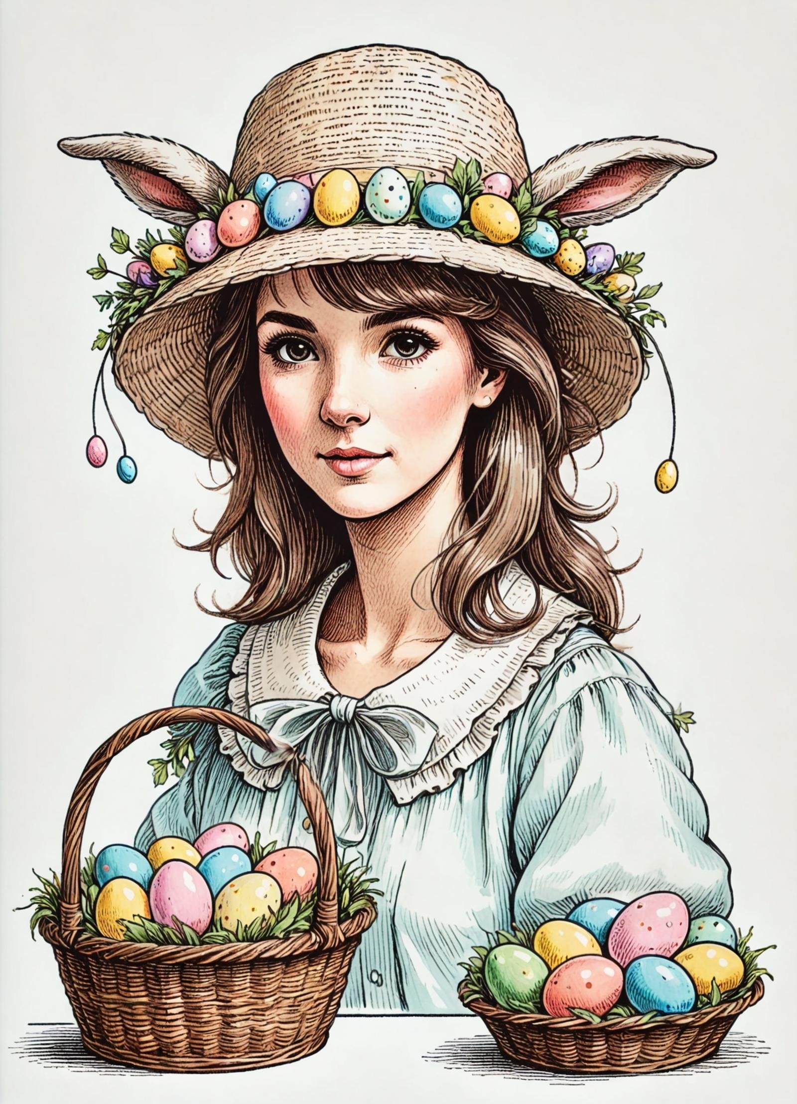 DonMS1mpl3Dr4w1ngXL simple drawing, , pastel colors, hopeful, easter bonnet (women's hat with decorations), basket, filled with candy or eggs, lamb dish,  , candlelight  <lora:DonMS1mpl3Dr4w1ngXL:1>