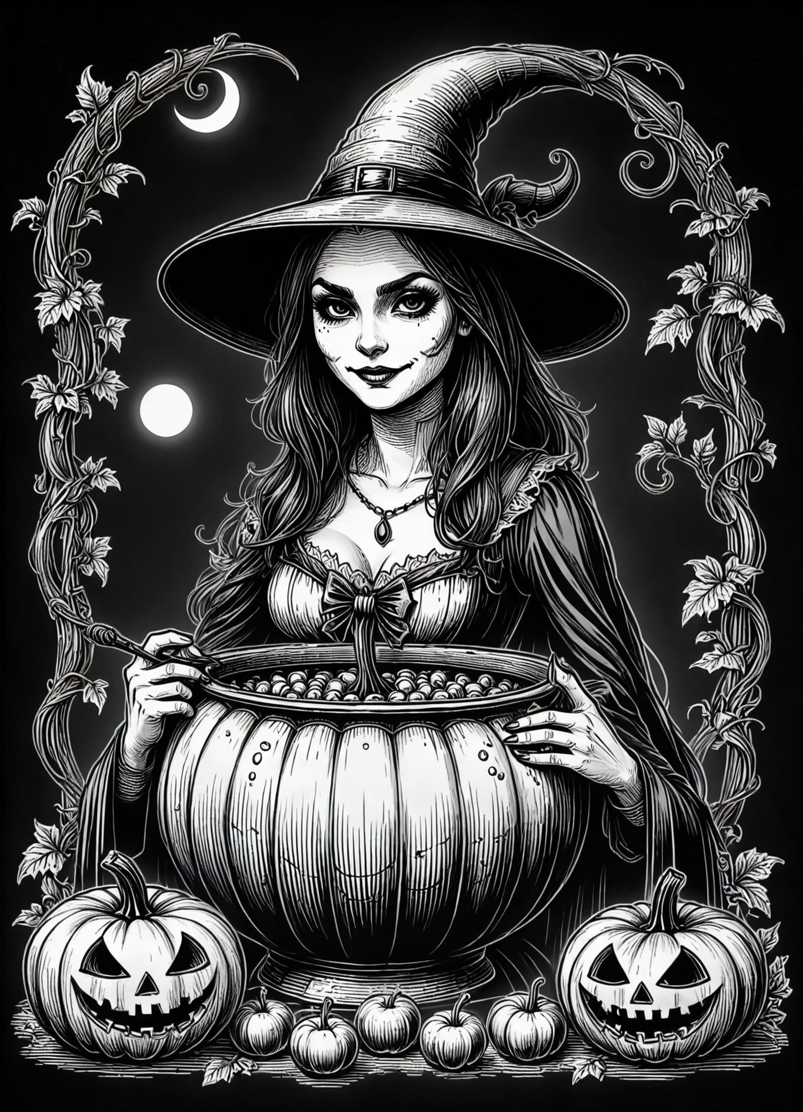 DonMS1mpl3Dr4w1ngXL simple lineart,  whispering witchcraft and sorcery gothic vampire pumpkin patch poison apple punch cauldrons joker's smile phantom lanterns witch's cauldron costume contests  <lora:DonMS1mpl3Dr4w1ngXL:1>