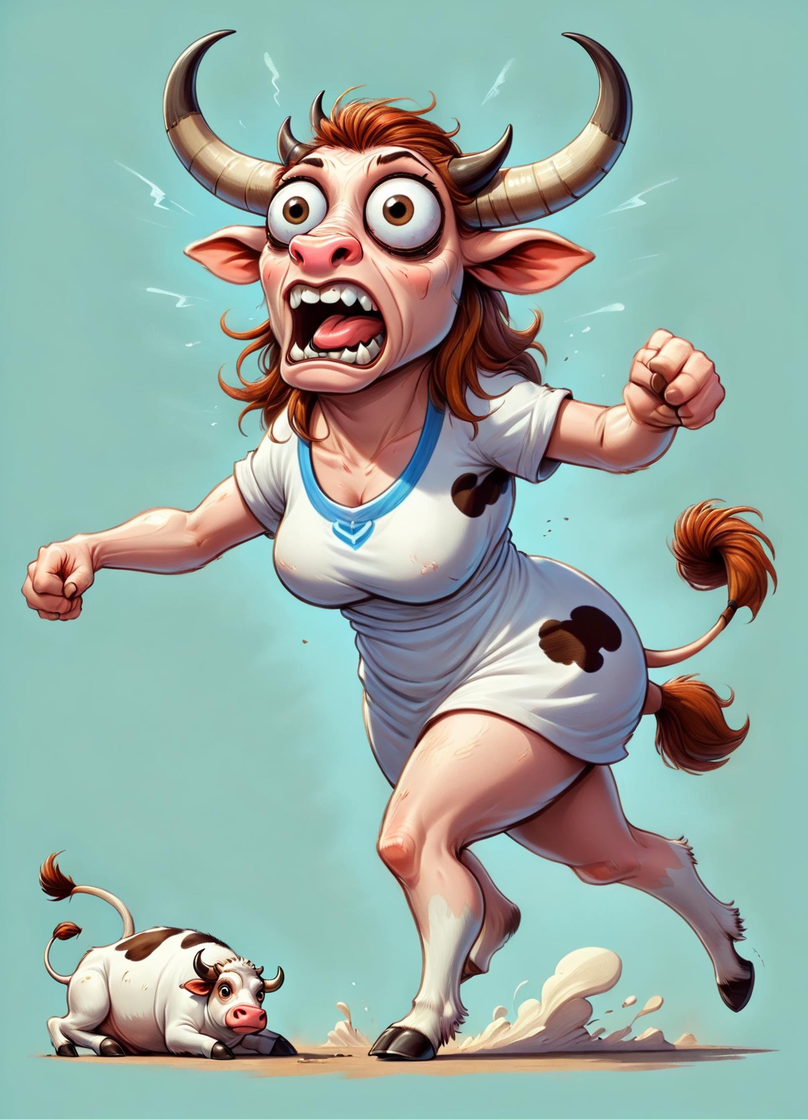 DonM0v3rC4ff31n4t3dXL strigoi, mythical creature, body of a woman, cow tail, bull horns, cow spots, gentle, friendly, large breasts, greek mythology , excited, caricature  <lora:DonM0v3rC4ff31n4t3dXL:1>