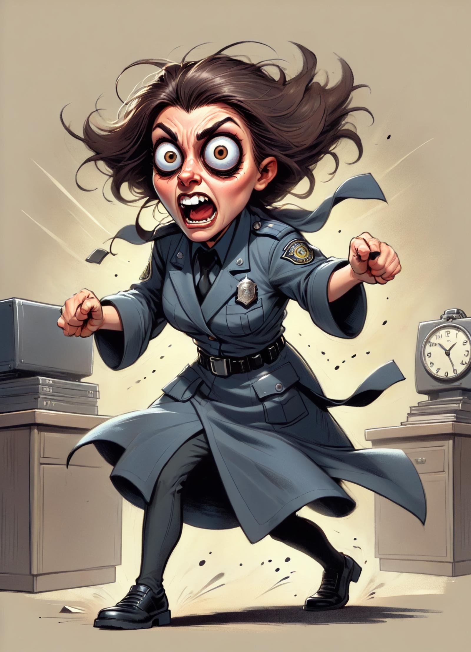 DonM0v3rC4ff31n4t3dXL female sinister cloth, time-travel law enforcement officer,dreadnought, robe, excited, caricature  <lora:DonM0v3rC4ff31n4t3dXL:1>