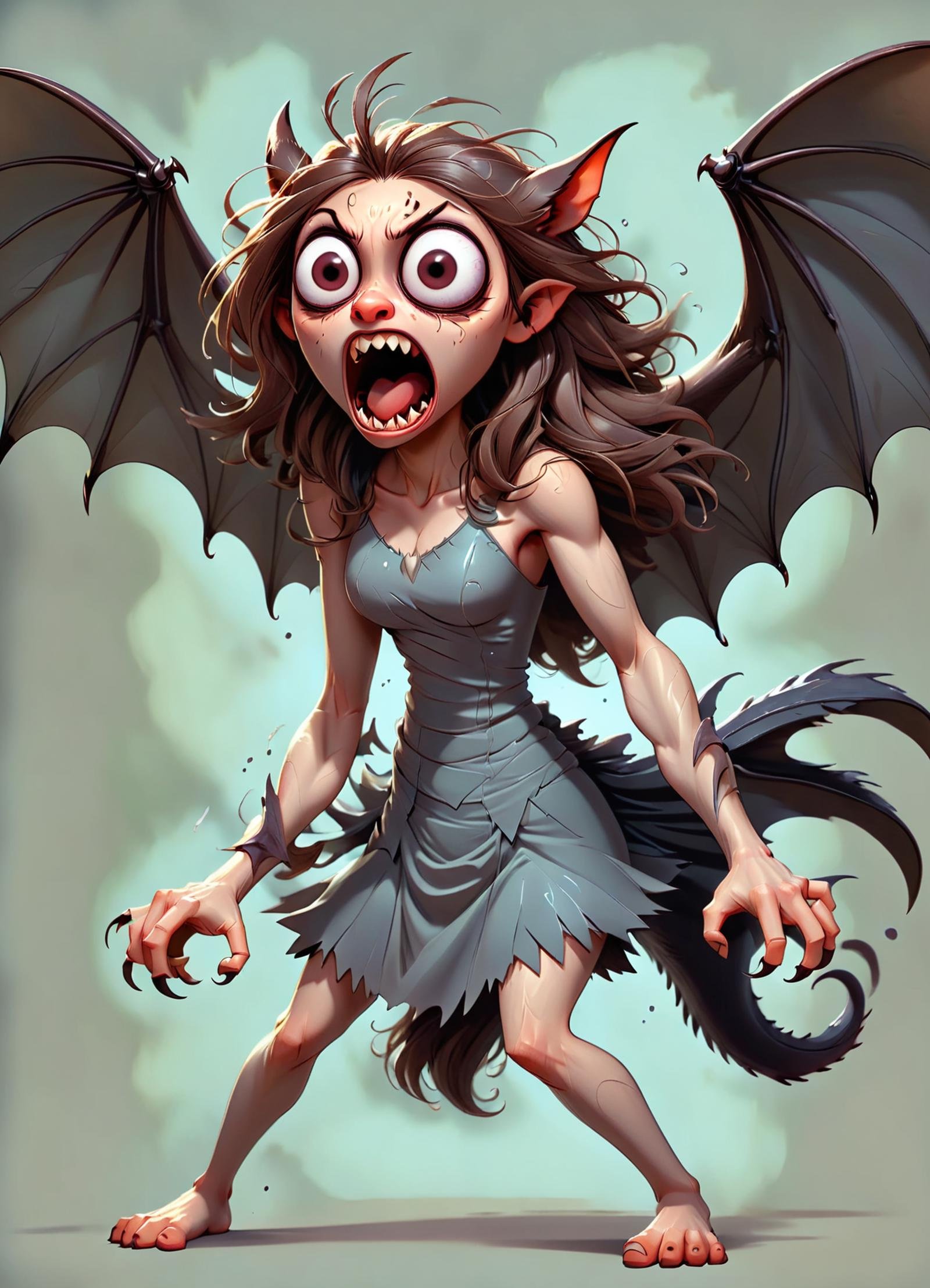 DonM0v3rC4ff31n4t3dXL manananggal, female mythical creature, separated upper torso, bat like wings on detached torso, long proboscis like tongue, sharp claws, long disheveled hair, distinctive eerie sound, malevolent vampiric entity   <lora:DonM0v3rC4ff31n4t3dXL:1>